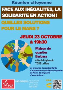 Réunion citoyenne : FACE AUX INÉGALITÉS, LA SOLIDARITE EN ACTION ! QUELLES SOLUTIONS POUR LE MANS ? Maison de Quartier Barbara - jeudi 23 octobre 2025 à 19h30