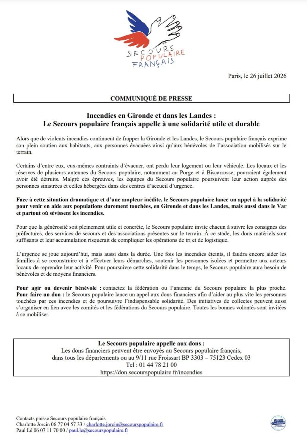 Appel à la solidarité du secours Populaire envers les victimes des incendies